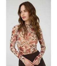 Blu Pepper Floral Printed Mesh Mock Neck Long Sleeve Top