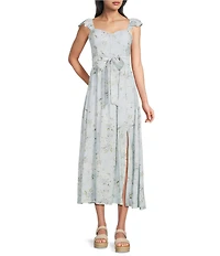 Blu Pepper Floral Printed Ruffle Sleeve Sweetheart Neck Tie Front Midi Dress