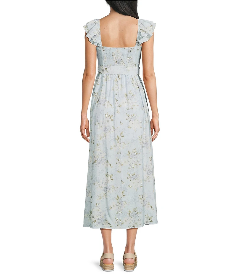 Blu Pepper Floral Printed Ruffle Sleeve Sweetheart Neck Tie Front Midi Dress