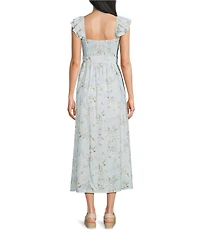 Blu Pepper Floral Printed Ruffle Sleeve Sweetheart Neck Tie Front Midi Dress