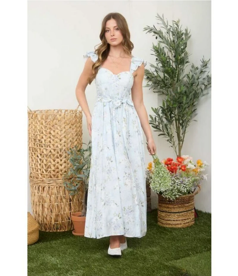 Blu Pepper Floral Printed Ruffle Sleeve Sweetheart Neck Tie Front Midi Dress