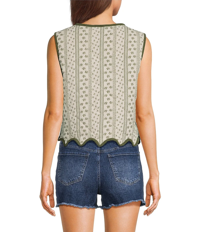 Blu Pepper Floral Printed Scalloped Hem Tie Front Vest