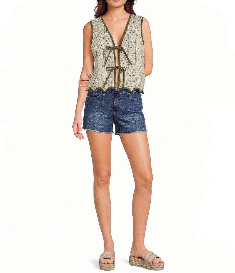 Blu Pepper Floral Printed Scalloped Hem Tie Front Vest