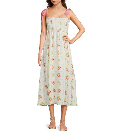 Blu Pepper Floral Printed Scalloped Neckline Tie Shoulder Maxi Dress