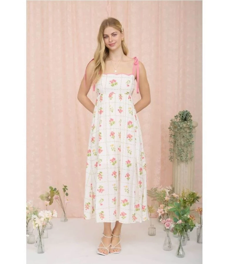 Blu Pepper Floral Printed Scalloped Neckline Tie Shoulder Maxi Dress