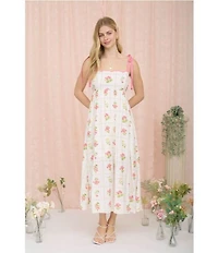 Blu Pepper Floral Printed Scalloped Neckline Tie Shoulder Maxi Dress