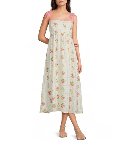 Blu Pepper Floral Printed Scalloped Neckline Tie Shoulder Maxi Dress