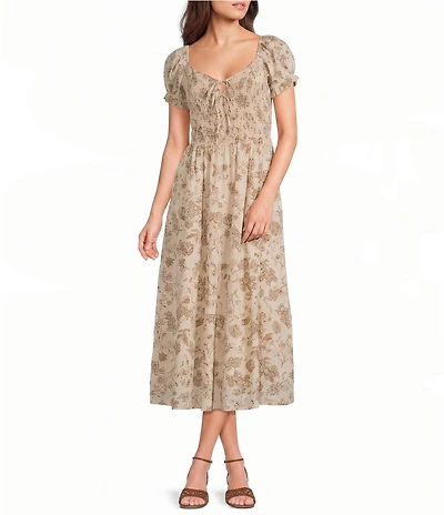 Blu Pepper Floral Printed Short Puff Sleeve Smocked Double Tie Front Midi Dress