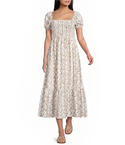 Blu Pepper Floral Printed Short Puff Sleeve Square Neck Smocked Midi Dress