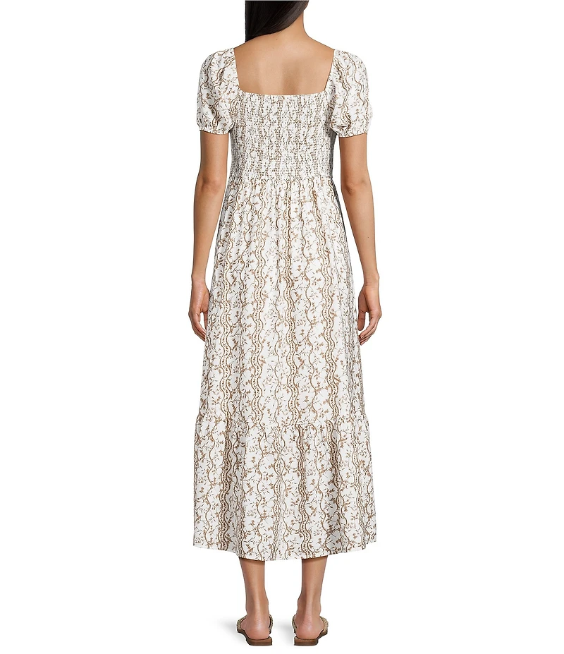 Blu Pepper Floral Printed Short Puff Sleeve Square Neck Smocked Midi Dress