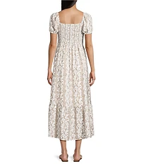 Blu Pepper Floral Printed Short Puff Sleeve Square Neck Smocked Midi Dress