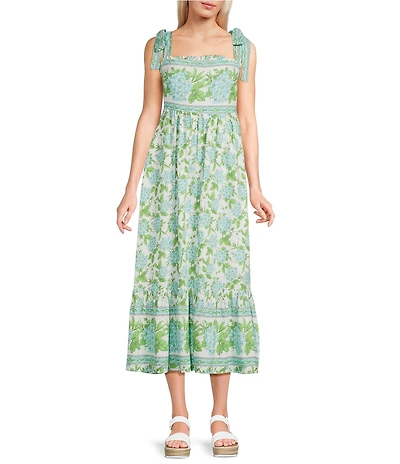 Blu Pepper Floral Printed Smocked Tie Shoulder Midi Dress