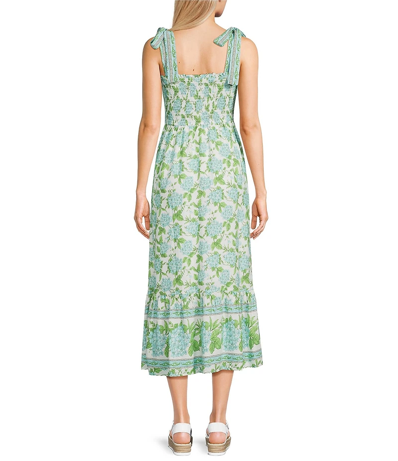 Blu Pepper Floral Printed Smocked Tie Shoulder Midi Dress