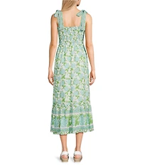 Blu Pepper Floral Printed Smocked Tie Shoulder Midi Dress