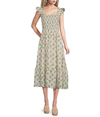 Blu Pepper Floral Printed Square Neck Flutter Sleeve Smocked Midi Dress