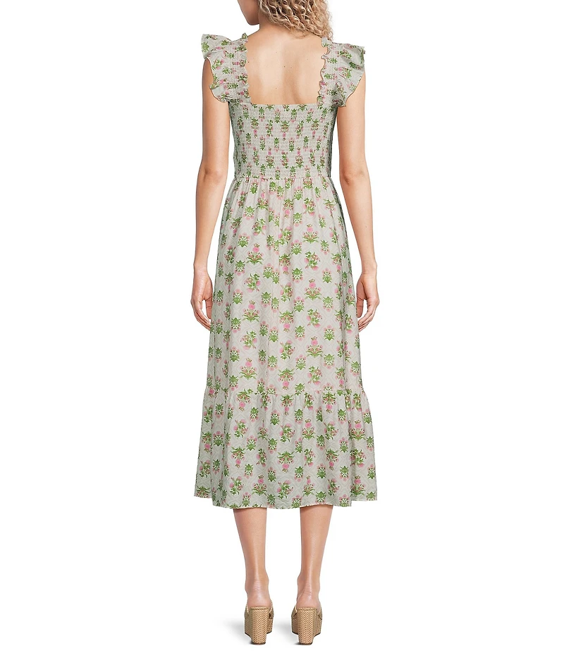 Blu Pepper Floral Printed Square Neck Flutter Sleeve Smocked Midi Dress