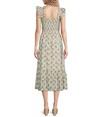 Blu Pepper Floral Printed Square Neck Flutter Sleeve Smocked Midi Dress