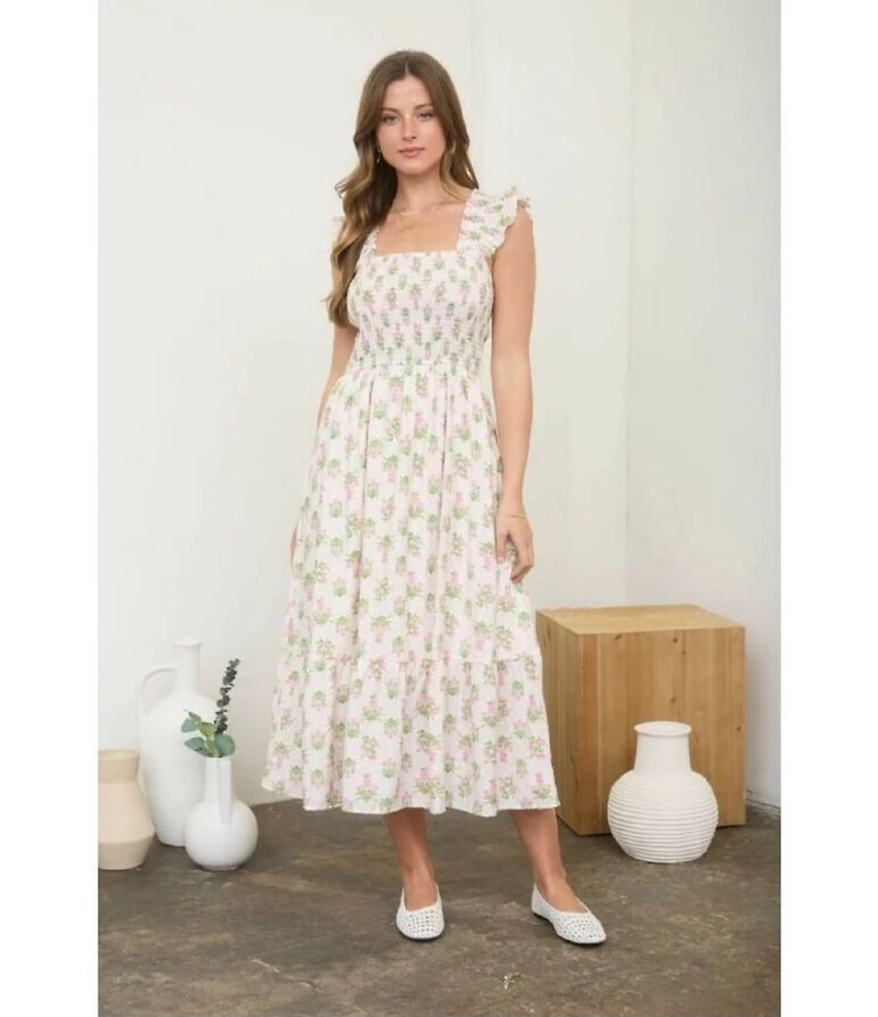 Blu Pepper Floral Printed Square Neck Flutter Sleeve Smocked Midi Dress