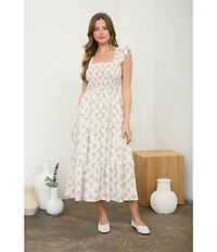 Blu Pepper Floral Printed Square Neck Flutter Sleeve Smocked Midi Dress