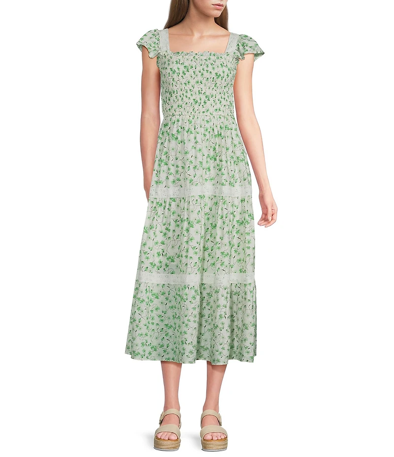 Blu Pepper Floral Printed Square Neck Short Flutter Sleeve Tiered Midi Dress