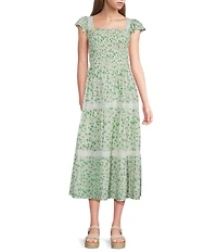 Blu Pepper Floral Printed Square Neck Short Flutter Sleeve Tiered Midi Dress