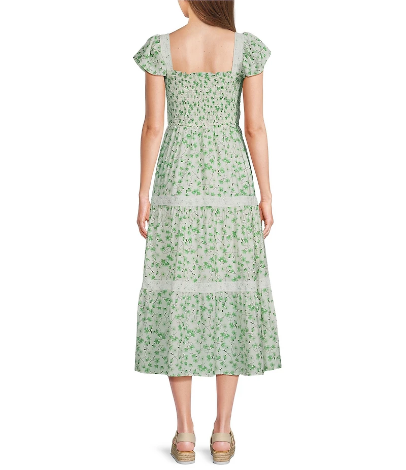 Blu Pepper Floral Printed Square Neck Short Flutter Sleeve Tiered Midi Dress