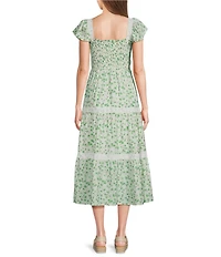 Blu Pepper Floral Printed Square Neck Short Flutter Sleeve Tiered Midi Dress