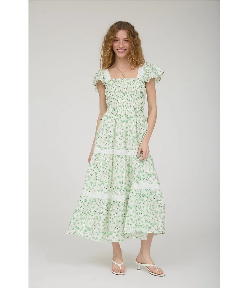 Blu Pepper Floral Printed Square Neck Short Flutter Sleeve Tiered Midi Dress