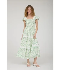 Blu Pepper Floral Printed Square Neck Short Flutter Sleeve Tiered Midi Dress