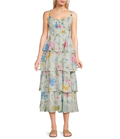 Blu Pepper Floral Printed Square Neck Sleeveless Ruffle Tiered Midi Dress