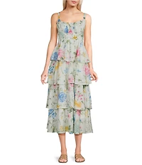 Blu Pepper Floral Printed Square Neck Sleeveless Ruffle Tiered Midi Dress