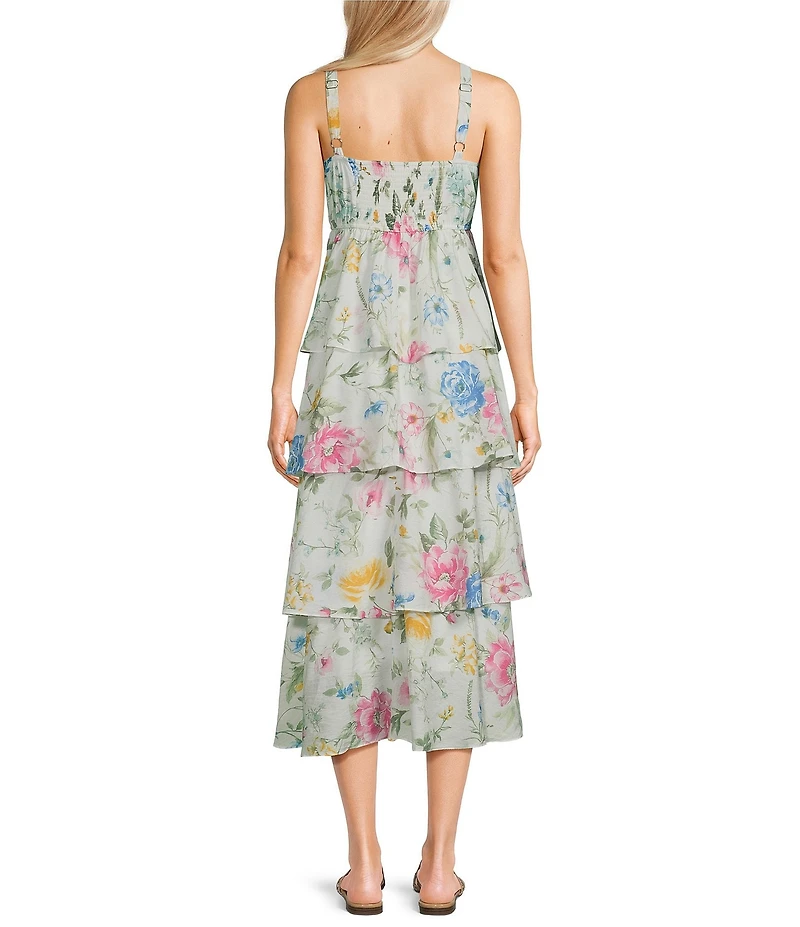 Blu Pepper Floral Printed Square Neck Sleeveless Ruffle Tiered Midi Dress