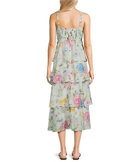 Blu Pepper Floral Printed Square Neck Sleeveless Ruffle Tiered Midi Dress