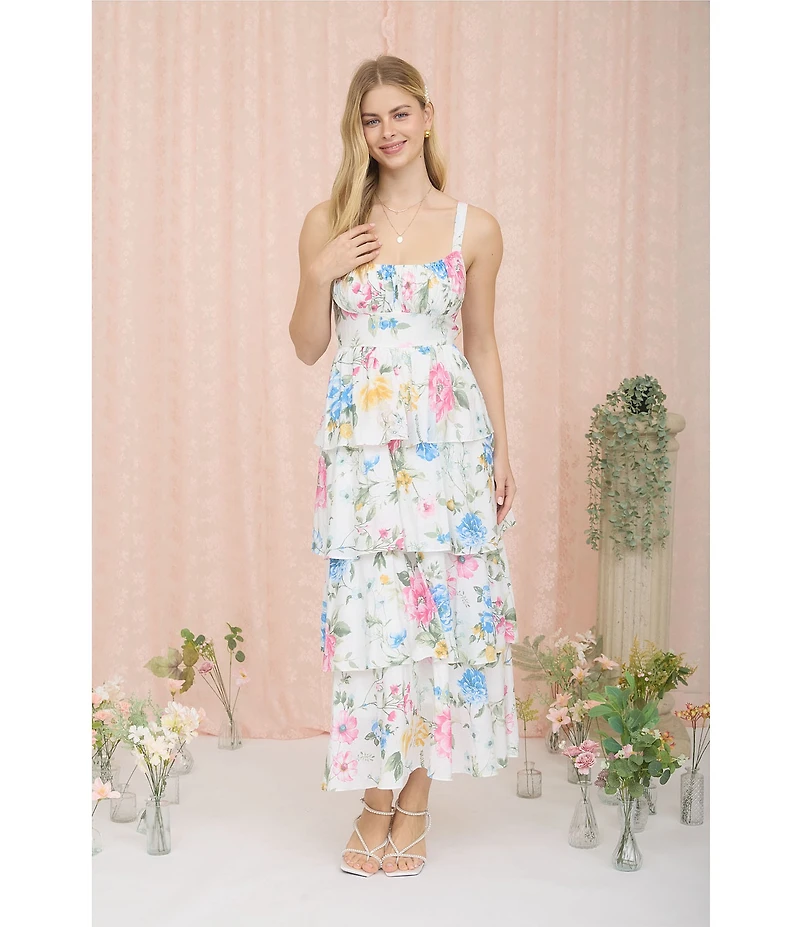 Blu Pepper Floral Printed Square Neck Sleeveless Ruffle Tiered Midi Dress
