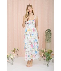 Blu Pepper Floral Printed Square Neck Sleeveless Ruffle Tiered Midi Dress