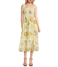 Blu Pepper Floral Printed Square Neck Tie Shoulder Lace Trim Midi Dress