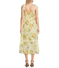 Blu Pepper Floral Printed Square Neck Tie Shoulder Lace Trim Midi Dress