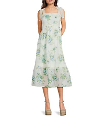 Blu Pepper Floral Printed Square Neck Tie Shoulder Lace Trim Midi Dress