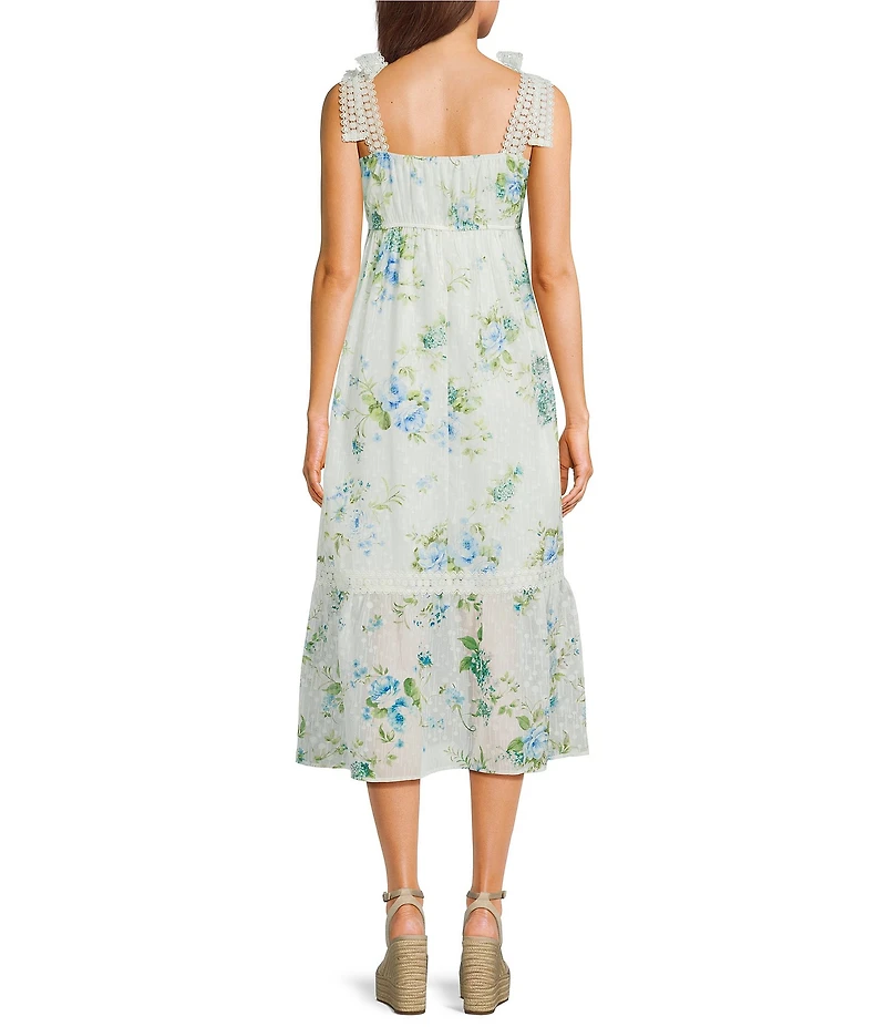 Blu Pepper Floral Printed Square Neck Tie Shoulder Lace Trim Midi Dress