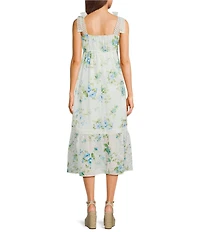 Blu Pepper Floral Printed Square Neck Tie Shoulder Lace Trim Midi Dress