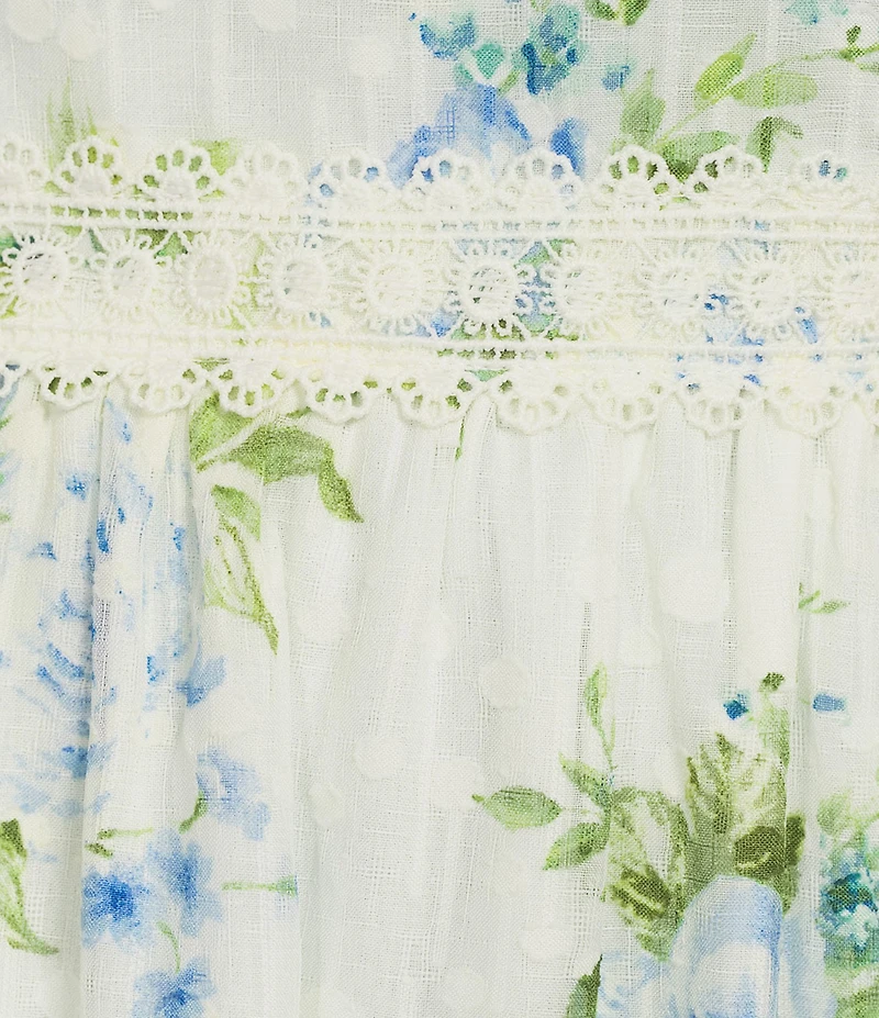 Blu Pepper Floral Printed Square Neck Tie Shoulder Lace Trim Midi Dress