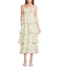 Blu Pepper Floral Printed Square Neck Tiered Midi Dress