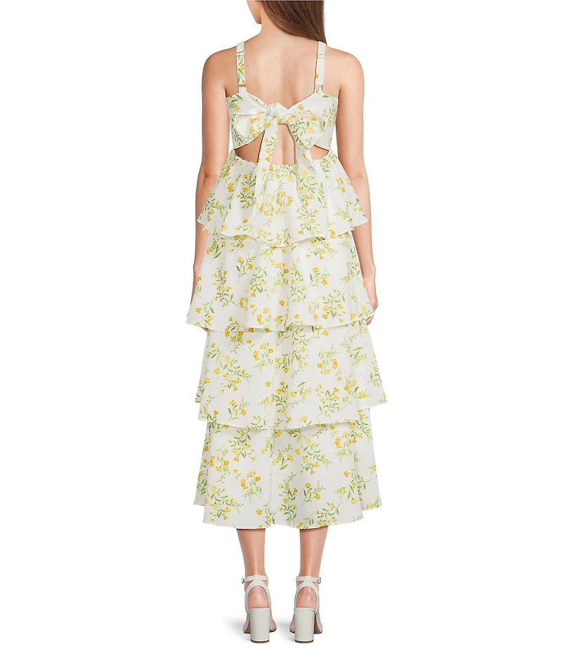 Blu Pepper Floral Printed Square Neck Tiered Midi Dress