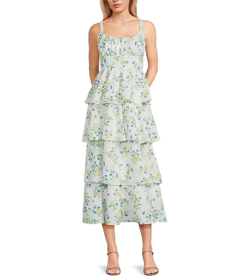 Blu Pepper Floral Printed Square Neck Tiered Midi Dress