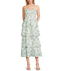 Blu Pepper Floral Printed Square Neck Tiered Midi Dress