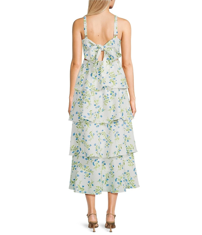 Blu Pepper Floral Printed Square Neck Tiered Midi Dress