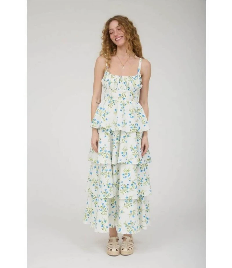 Blu Pepper Floral Printed Square Neck Tiered Midi Dress