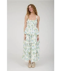 Blu Pepper Floral Printed Square Neck Tiered Midi Dress