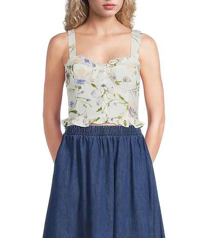 Blu Pepper Floral Printed Sweetheart Neck Lace Trim Cropped Tank Top