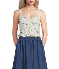 Blu Pepper Floral Printed Sweetheart Neck Lace Trim Cropped Tank Top